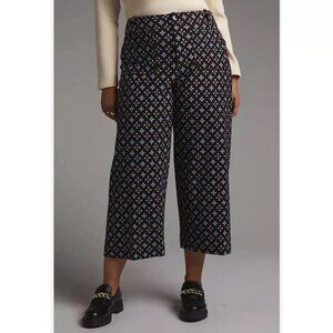 Anthropologie Maeve the Colette Wide Leg Crop Pants Black/Blue Motif 31P Petite